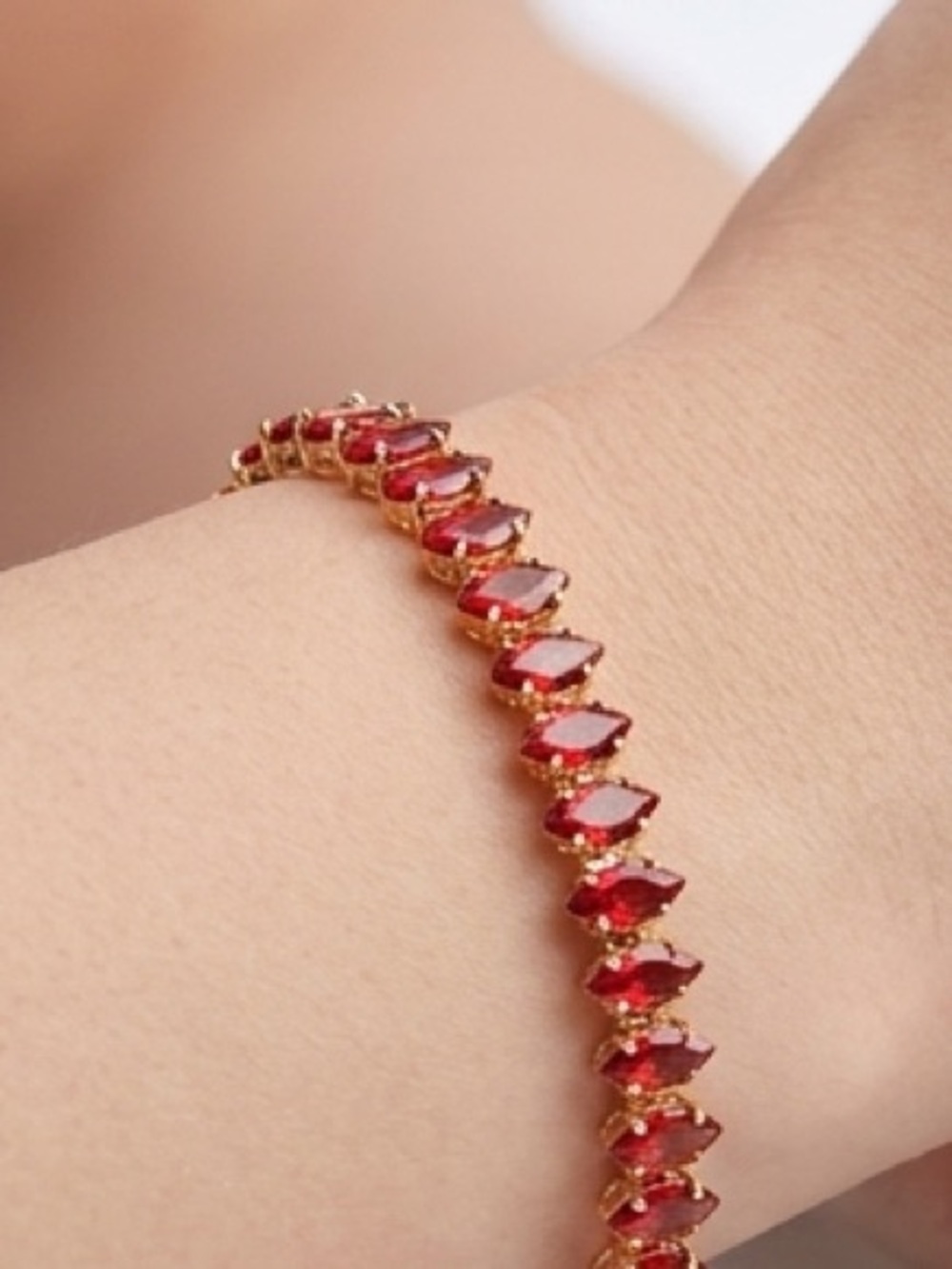 18K Gold-Filled NEW Bracelet with Deep Red Faceted Stones, Box Included